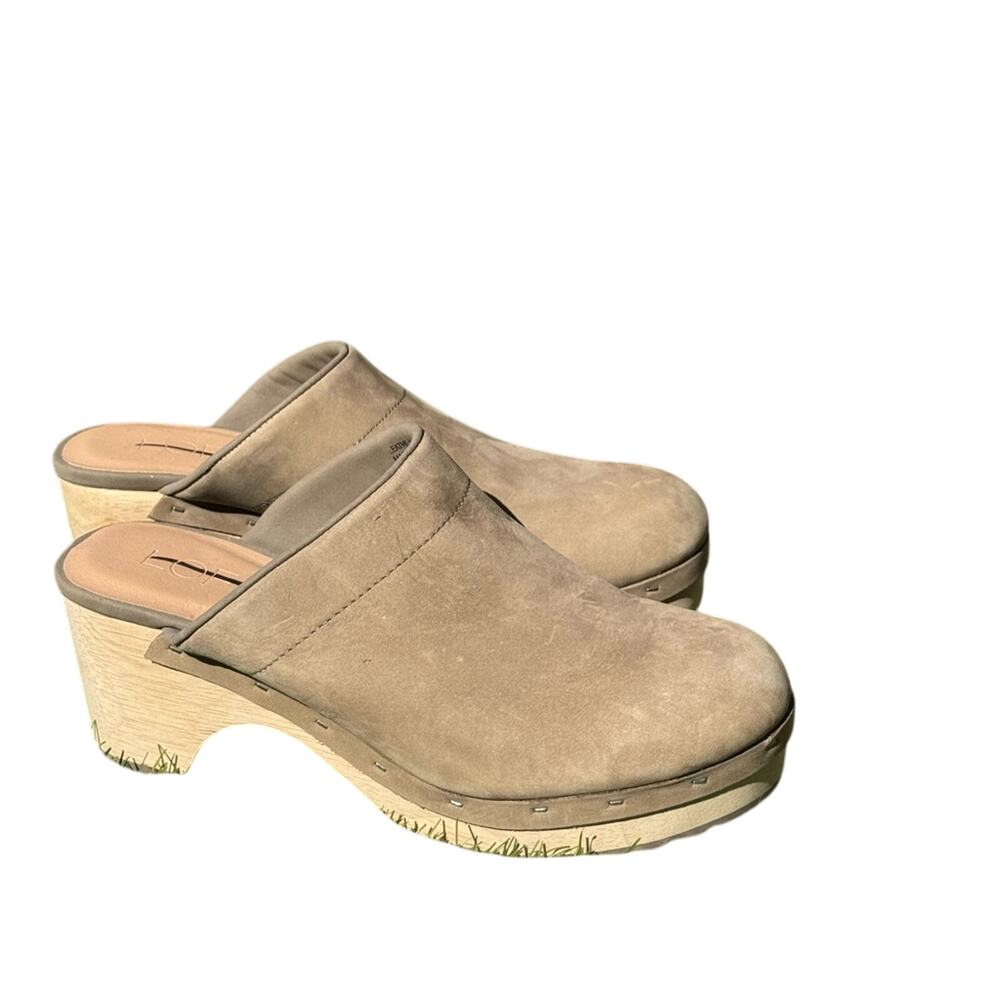 LOFT Taupe Suede Clogs Women’s Size 5.5 M – Wooden Heel Slip-On Mules